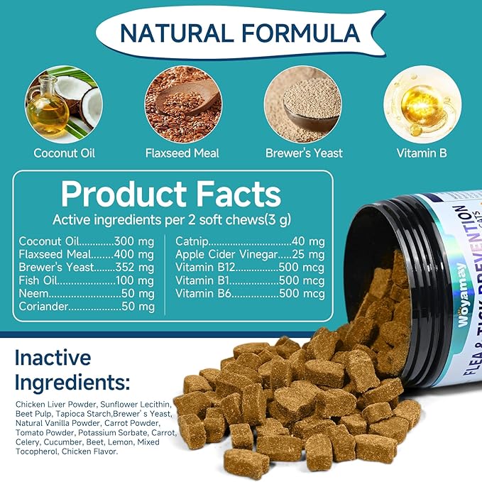 Flea Treatment for Cats, 200 Treats Flea and Tick Prevention for Cats Chewables, Natural Cat Flea and Tick Treatment Chews Daily Oral Flea Supplement, Kitten Cat Flea Treatment, Chicken Flavor