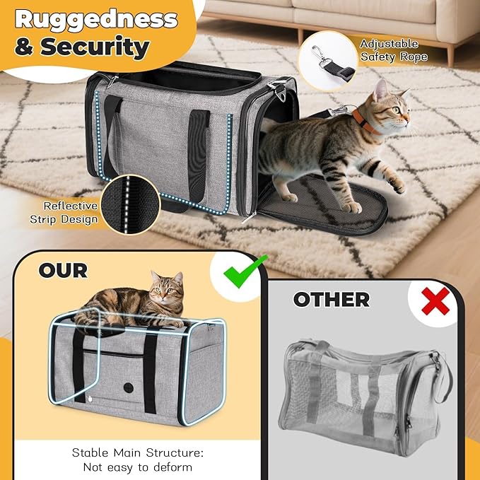 YUDODO 25 lbs Lightproof Soft Sided Large Cat Carrier for Small Dog Pet Airline Approved Travel Bag Puppy Carriers with Side Pockets & Reflective Mesh, Foldable Portable for Outdoor Car Grey
