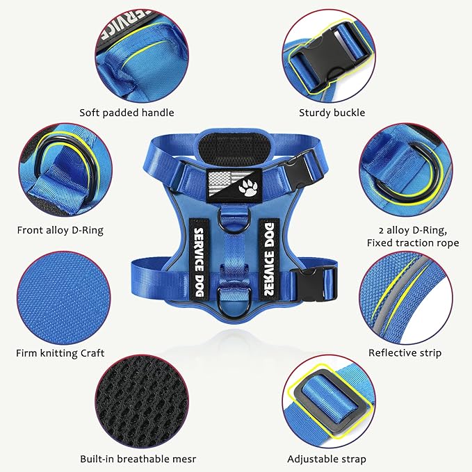 Demigreat Service Dog Harness, Reflective Dog Vest Harness with 5 PCS Patches, Adjustable Soft Oxford Pet Harness, Inner Layer Mesh, Easy to Control for Small Medium Large Dogs