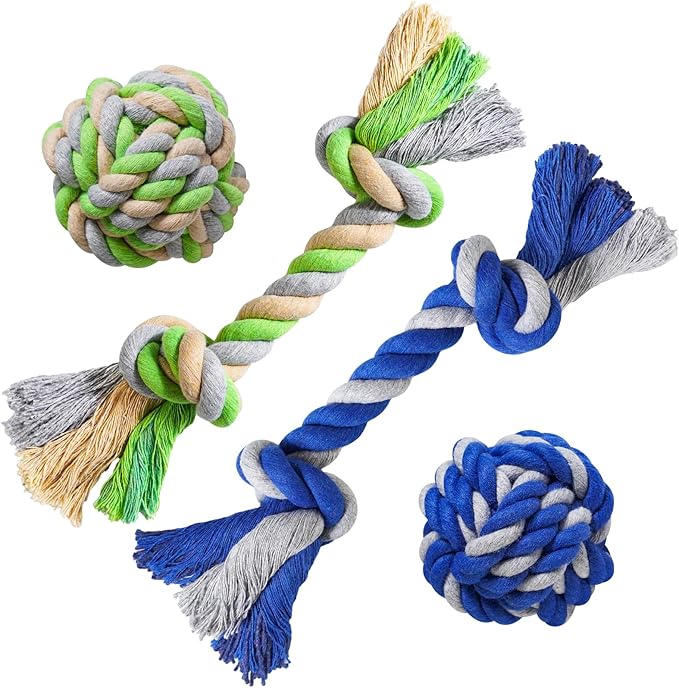 Pet Chew Rope Toy for Teething, Entertainment & Interaction, Knots Weave Cotton Rope, Biting Small Ball Tough Chew Toys for Dogs & Cats, 4 Pack