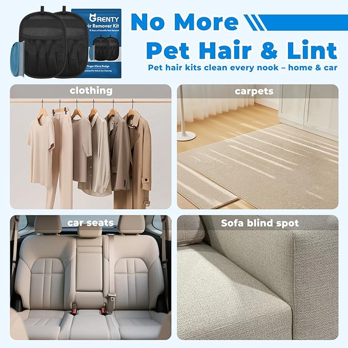 GRENTY Magic Brush Pet Hair Remover (2 Pcs), Upgraded Five-Finger Electrostatic Pet Hair Removal Gloves, Dogs & Cats Pet Hair Removal Tools for Clothing, Carpet, Sofa Gaps, Car Seat