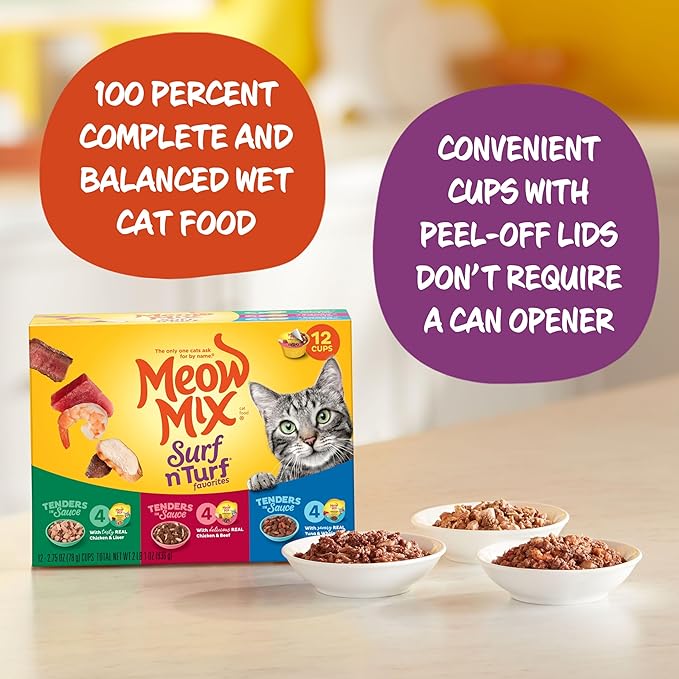Meow Mix Tenders in Sauce Wet Cat Food, Surf 'N Turf Variety Pack, 2.75 Ounce Cup (Pack of 48)