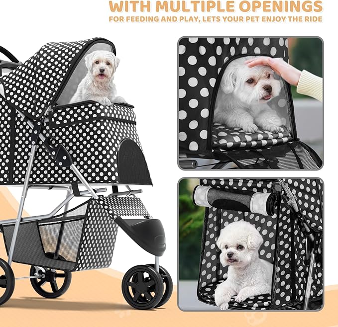 Magshion 3-Wheel Pet Stroller, Foldable Travel Jogger for Small & Medium Dogs & Cats (Up to 33lbs), Lightweight Carrier with Breathable Mesh Cover, Cup Holder & Storage Basket, Black Polka Dots