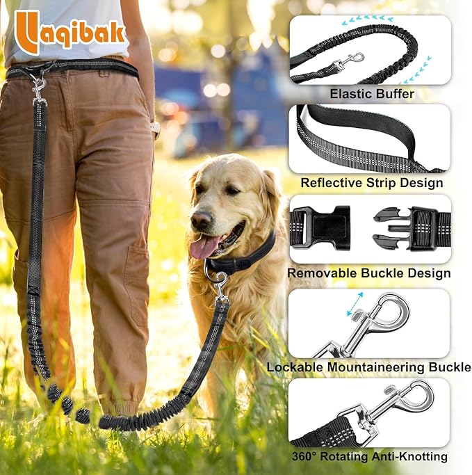 Hands Free Dog Leash, Adjustable Waist Leash for Dog Walking, Dual Bungee 4.2-6.7 Feet Long with Reflective Stitches for Walking Hiking Running, Fits 26"- 43" Inch Waist, Black