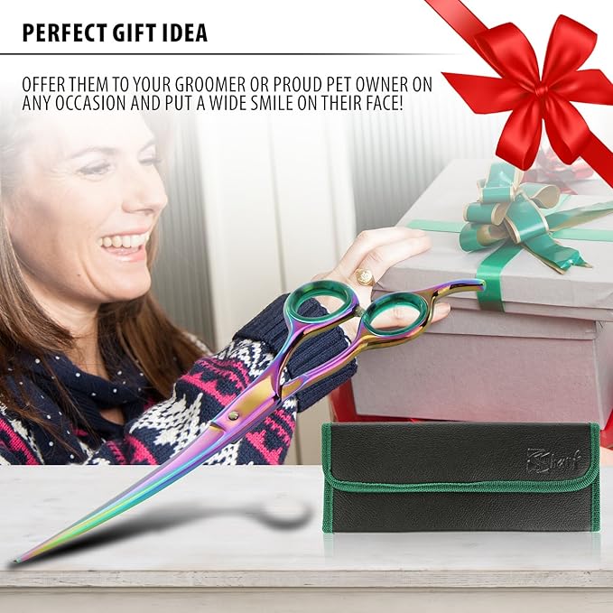 Sharf Rainbow 8.5 Inch Curved Dog Grooming Scissors - Trusted Brand - Premium Steel Professional Dog Grooming Scissors - Ergonomic Design