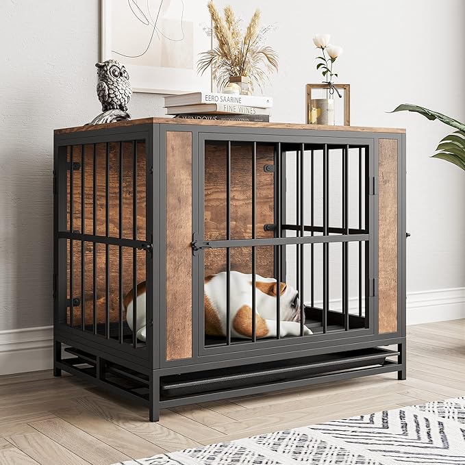 Dog Crate Furniture - Metal & Wooden Dog Kennel with 3 Doors, End Table for Small Dogs, Heavy Duty Dog House, Rustic Black & Brown