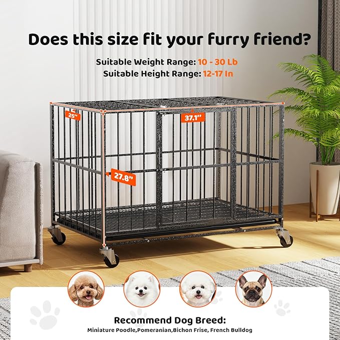 Heavy Duty Indestructible Dog Crate 38 Inch with Removable Tray, Sizes & Colors Optional, Escape Proof Double Door High Anxiety Cage Indoor, Kennel with Wheels for Large Dogs, XL XXL XXL