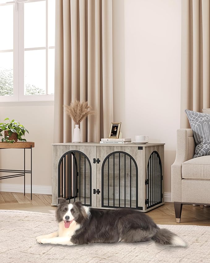 39.4" Wooden Dog Crate Furniture, Indoor Dog Kennel Dogs Cage for Small/Medium/Large Dogs, Heavy Duty Dog Crates Decorative Pet House End Side Table TV Stand, Greige Black DFC84105B