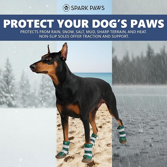 Spark Paws Dog Shoes, Waterproof Dog Boots for Medium to Large Dogs, Non Slip, Breathable Dog Booties and Paw Protectors - 4PCS Doggie Hiking Boots with Reflective Straps, Green Camo, Size 2