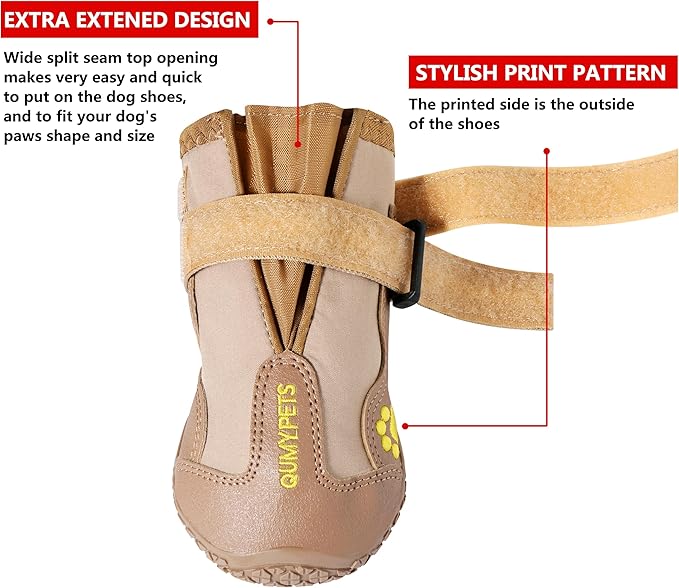 QUMY Dog Shoes for Large Dogs, Medium Dog Boots & Paw Protectors for Winter Snowy Day, Summer Hot Pavement, Waterproof in Rainy Weather, Outdoor Walking, Indoor Hardfloors Anti Slip Sole Khaki 2