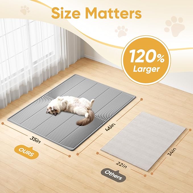 TRZZ XXL Extra Large Cat Litter Mat, Silicone Litter Box Mat for Floor, Waterproof & Non-Slip, Easy to Clean, Cat Litter Trapping Mat & Kitty Litter Catcher for Scatter Control (Gray)