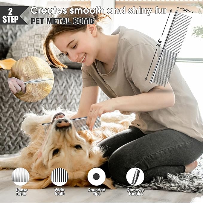 Dog Slicker Brush for Dogs Grooming Kit 4PCS | Large Dog Brush for Goldendoodles Poodles Doodles | Long Pin Haired Brush | Poodle Brushes and Comb (Green)