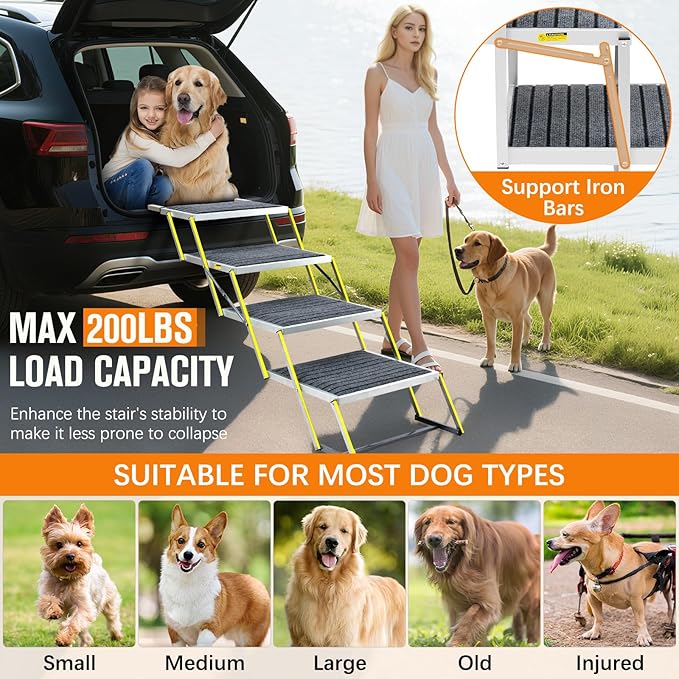 Dog Stairs for Large Dogs - Reflective 20" Wide Dog Car Ramp, 4-Step Aluminum Stairs with Non-Slip Carpet - Foldable Design for Trucks/SUVs/Beds - Heavy Duty 200Lbs Capacity for Large Breeds