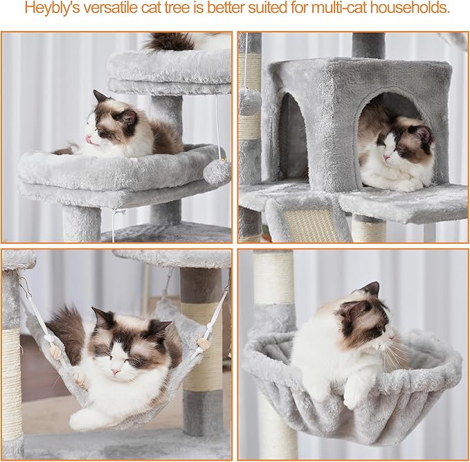 Heybly Cat Tree, 71-Inch-Tall Tower for Indoor Cats with 2 Perches, 2 Big Condos, 2 Hammocks, Basket, Scratching Pad, Large Cat Furniture and Condo, Light Gray HCT034W