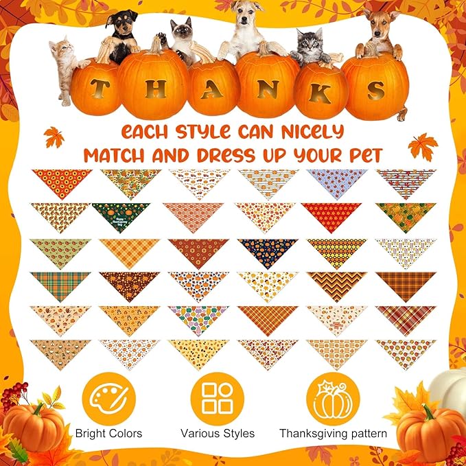 Sanwuta 72 Pcs Thanksgiving Dog Bandana Bulk Washable Puppy Triangle Scarfs Thanksgiving Cat Bandanas Adjustable Soft Fall Pet Triangle Bibs Accessories for Small Medium Dogs Cats Pets Costume