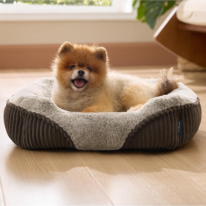 Bedsure Washable Dog Bed Small Dog＆Cat- Rectangle Fluffy Plush Kitten Puppy Bed, Comfy Corduroy Fleece and Nonskid Bottom,20x19x6inches,Suitable for Pet Up to 15lbs,Brown