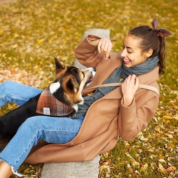 E-Clover Fall Dog Bandana & Matching Scrunchie-Christmas Dog Bandana Triangle Plaid Pet Scarf Bib for Medium Large Dogs Girl Boy Owner Gift