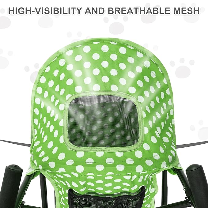MoNiBloom 4 Wheels Pet Stroller, Easy-Fold Umbrella Shaped Dog Cat Jogger Stroller w/Storage Bag & Visible Mesh for Small/Medium Dogs Cats Lawn Green Polka Dots