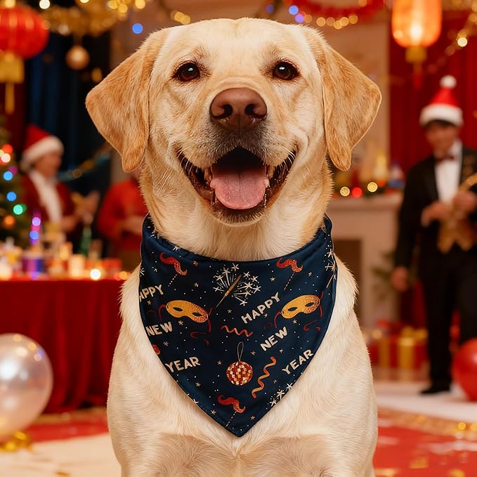 Happy New Year Dog Bandanas with Snap Button, 2 Pack Adjustable Bandanas for Small, Medium, and Large Dogs, Pet Scarf for Holiday Costume Accessory & Photo Shoot (X-Large)