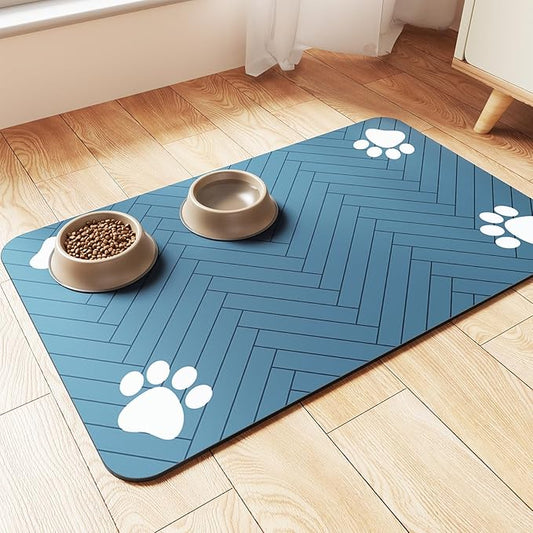 Pet Feeding Mat-Absorbent Pet Placemat for Food and Water Bowl, with Waterproof Rubber Backing, Quick Dry Water Dispenser Mat for Dog and Cat (12"x20", Blue)