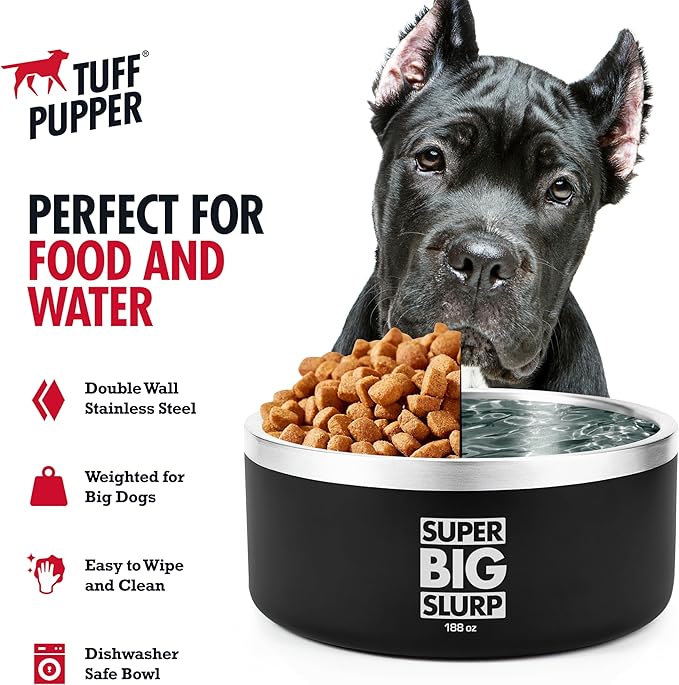Tuff Pupper Heavy Duty Insulated Dog Bowl | Double Wall Stainless Steel Dog Food Dish | Non-Slip Spill Proof Dishwasher Safe Cat Bowl | Water Dish for Feeding Large Medium Small Pets (188oz, Black)