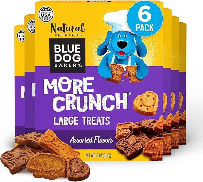 Blue Dog Bakery Natural Dog Treats, More Crunch Large, Assorted Flavors, 18oz Box, 6 Boxes
