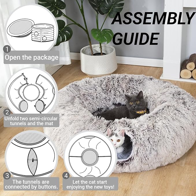 LUCKITTY Warm Fluffy Plush Cat Tunnel Bed Under Christmas Tree Big Tube Playground Toys 3 FT Diameter Longer Crinkle Collapsible 3 Way, for Indoor Cat Kitty Kitten Puppy Rabbit Ferret Brown