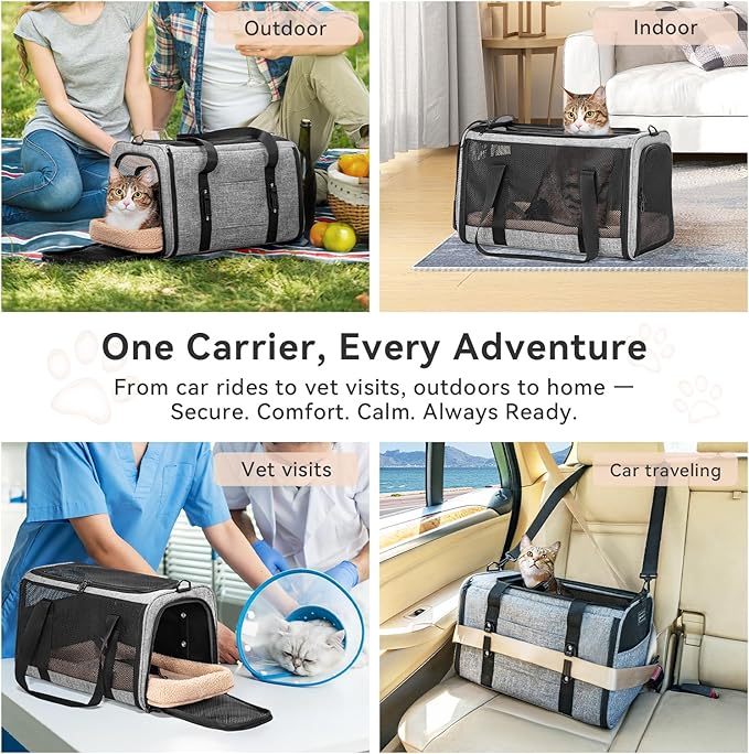 PETSFIT Cat Car Carrier for Small/Medium Cats Dogs, 18"x11"x11" Airline Approved Cat Carrier, with Patent Safety Buckles and Escape-Proof Zipper - Safeguarding Car Travel, Airplane, Vet, Outdoor