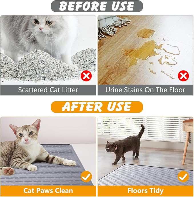 Silicone Cat Litter Mat, 34x22 in Waterproof Litter Box Mat Cats Feeding Mats with Raised Edges, Quick Clean Desig (Grey)