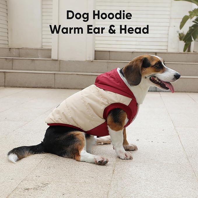 Fleece Lining Extra Warm Dog Hoodie in Winter for Large Dogs Jacket Pet Coats with Hooded,Beige and Red XXL