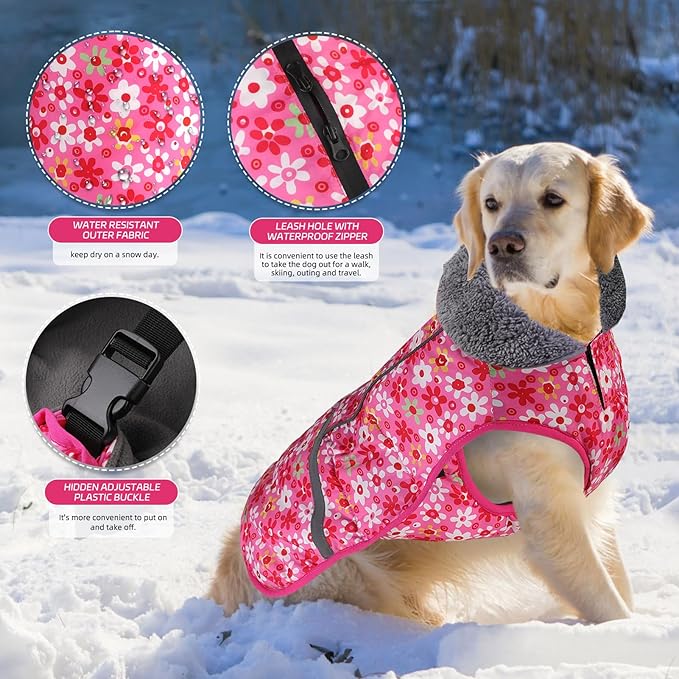 Doglay Dog Coat, Waterproof Dog Jacket Pet Winter Coat for Cold Weather with Thicken Furry Collar, Reflective Puppy Winter Jacket Warm Fleece Lining for Small Medium Large Pets