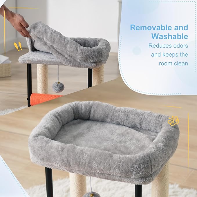 Hey-brother Cat Tree, Cat Scratching Posts with Bed, Sturdy Tower with Fully Sisal-Wrapped Columns and Plush Toy Ball for Indoor Kittens, 18.9 inches, Light Gray MPJ010SW