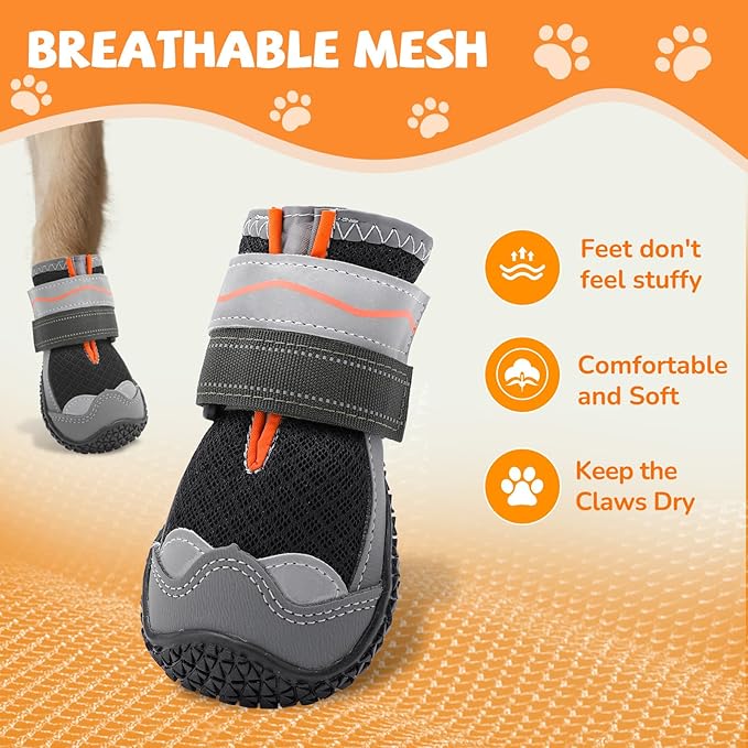 Dog Shoes for Large Small Medium Dogs, Breathable Dog Booties for Outdoor Walking Hiking Anti-Slip Dog Boots Paw Protectors with Reflective Straps for Hardwood Floor Winter Snow Size 4