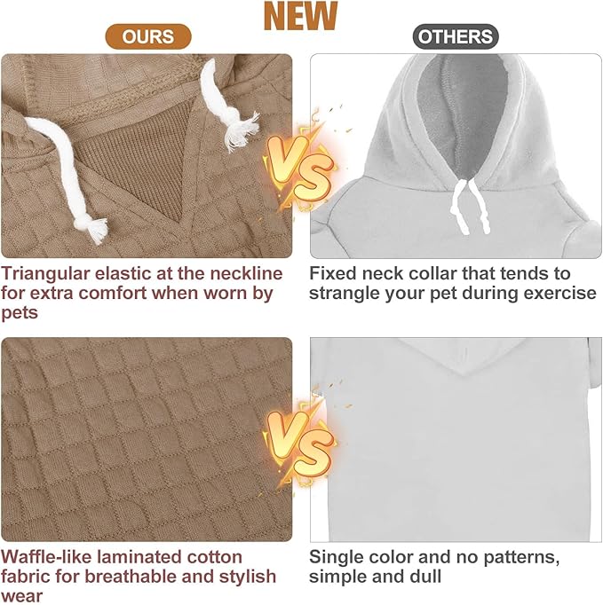 BEAUTYZOO Small Dog Hoodie Sweater with Pockets, Dog Clothes for Small Medium Dogs Boy Girl, Waffle-Like Laminated Cotton Pet Coats with Hat and Leash Hole, Khaki ML
