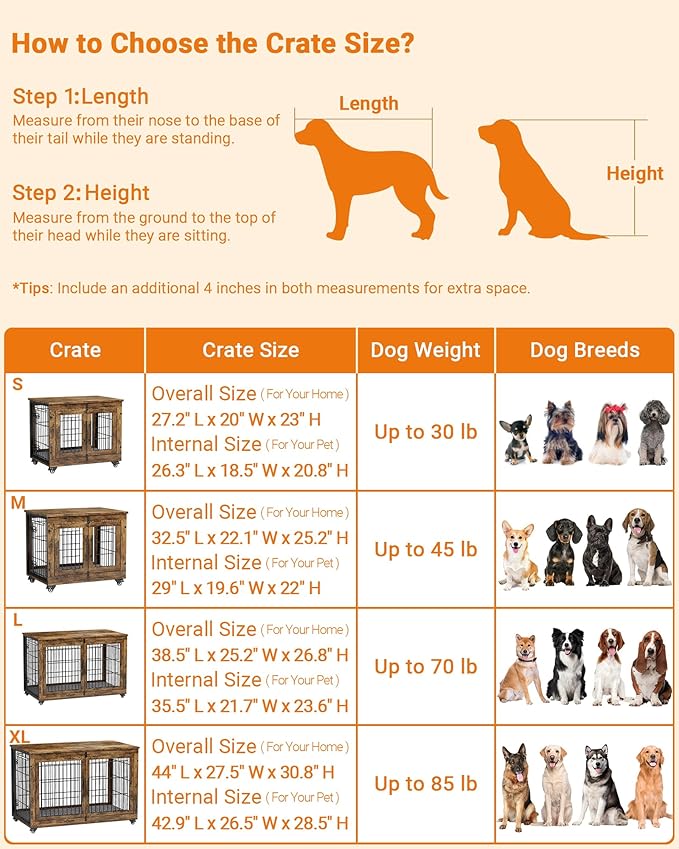 Dog Crate Furniture with Cushion Set of 2, Wooden Dog Kennel Indoor with Double Doors, Dog Cage with Wheels, Dog House Side End Table for Small Dogs up to 30 lb, 27.2" L, Rustic Brown