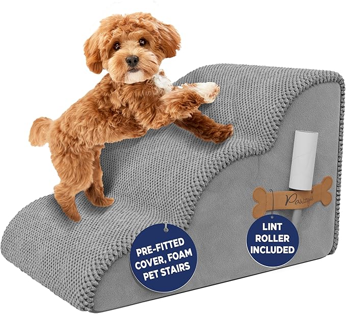 PAWZY Foam Pet Stairs for Small Dogs & Cats – 3-Step Dog Ramp 15.5” High, Wide Non-Slip Steps for Bed & Couch – Washable Pre-Fitted Cover (no Assembly Required), Waterproof Base – Grey