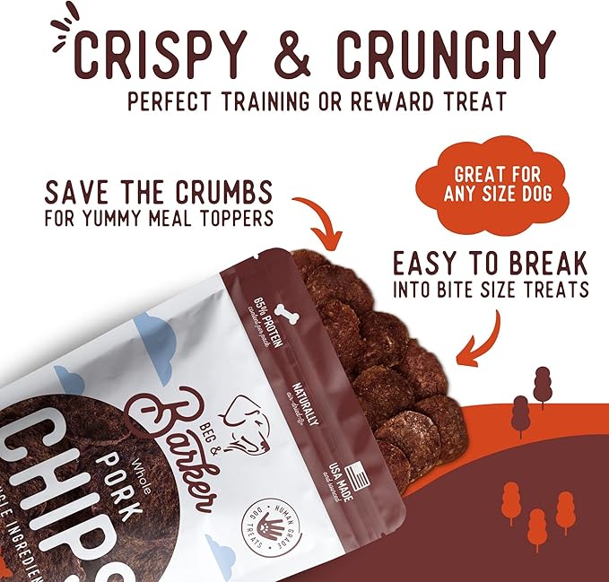 Beg & Barker Pork Chips for Dogs (8 Ounce, Pack of 1) - Single Ingredient Dog Treats Made for Large & Small Dogs Protein Human Grade Dog Treats Made from Real Meat Pork, Made in USA