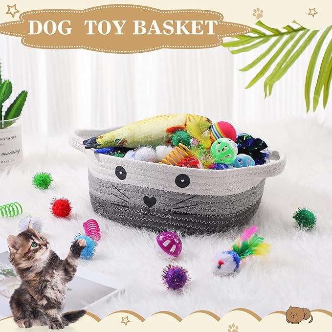 Zopeal 58 Pcs Cat Storage Basket Gift Toys Set, Colorful Flashing Balls Pet Bell Crinkle Balls Spring Toys Attract Cat to Swat, Bite, Hunt, Interactive for Pet(Multicolor,9.8 Inch)