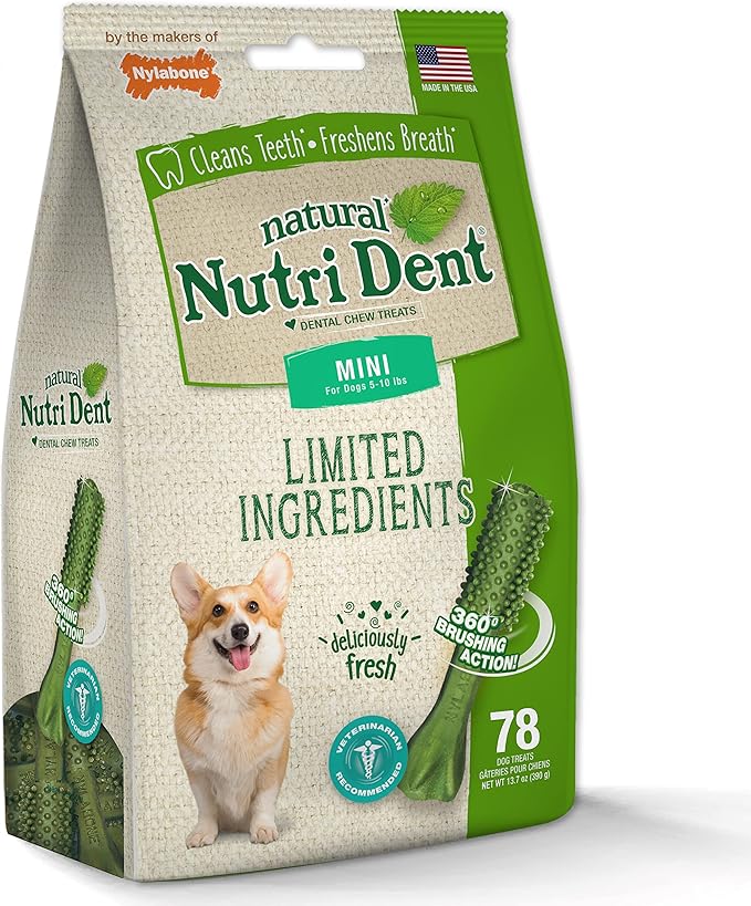 Nylabone Nutri Dent Natural Dental Chews for Dogs, Limited Ingredient Dog Treats Made in the USA, Clean Teeth & Fresh Breath, Healthy Dog Chews, Fresh Breath Flavor, For X-Small Dogs, (78 Count)