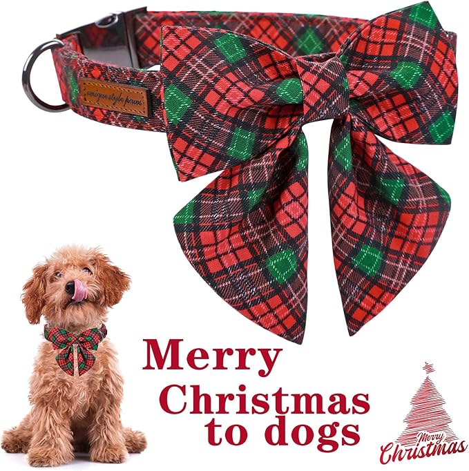 Unique style paws Christmas Dog Collar with Tie Red Green Plaid Adjustable Cotton Puppy Collar for Small Medium Large Dogs-XS