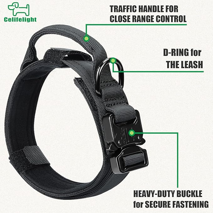 Tactical Military Collar - Adjustable Nylon, Heavy Duty Metal Buckle with Handle for Dog Training, with Patches (M, Black)
