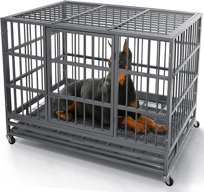 Otaid 48 Inch Heavy Duty Indestructible Cage Kennel with Wheels, High Anxiety Dog Crate, Sturdy Locks Design, Double Door and Removable Tray, Extra Large Dog Crate, Silver