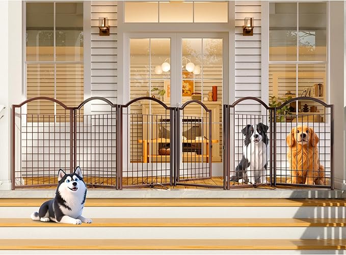 4NM Metal No Drilling Expandable Dog Gate, Extra Wide 144", Extra Tall 32" Free Standing Pet Gate with Door, Gates for Dogs Outdoor or Indoor, with 4PCS Support - Espresso
