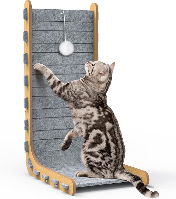 Felt Cat Scratcher for Indoor Cats, 26.8 Inches L Shape Scratching Board Vertical Cat Scratch Post with Fluffy Ball Hanging, Scratch Resistant Felt Cat Scratching Pad, Grey