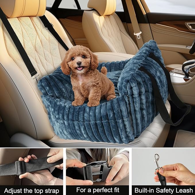 Dog Car Booster Seat, for Small Dogs Under 30 lbs, Detachable Washable Travel Bed with Storage Pockets and Safety Belt (SOMKY Blue, Medium)