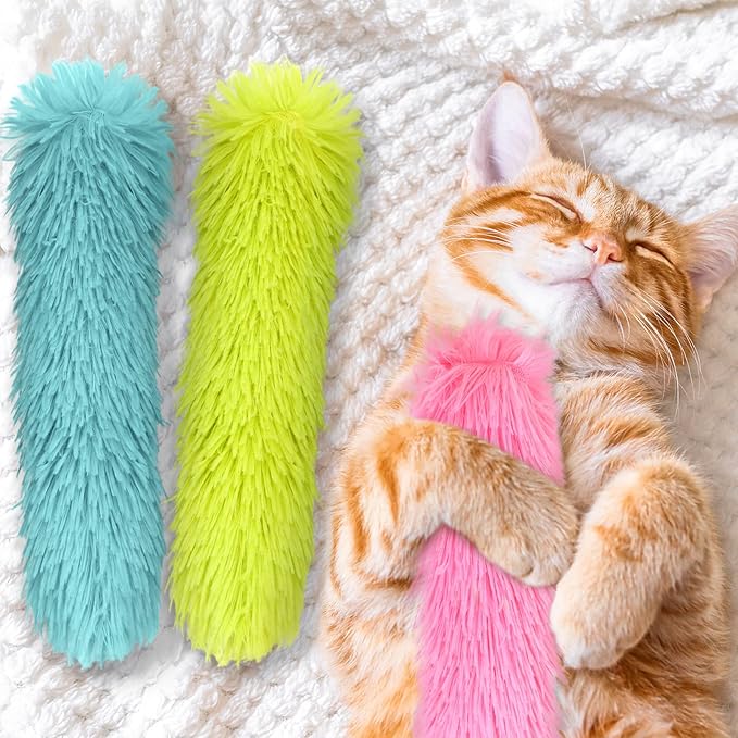 Civaner 6 Pcs 10.6 Inch Cat Catnip Toy Cat Kicker Interactive Soft Plush Kitten Toy Pillow Stick Kitten Chasing Chewing Exercising Catnip Filled Plaything for Puppy Indoor (Grass Green, Blue, Pink)