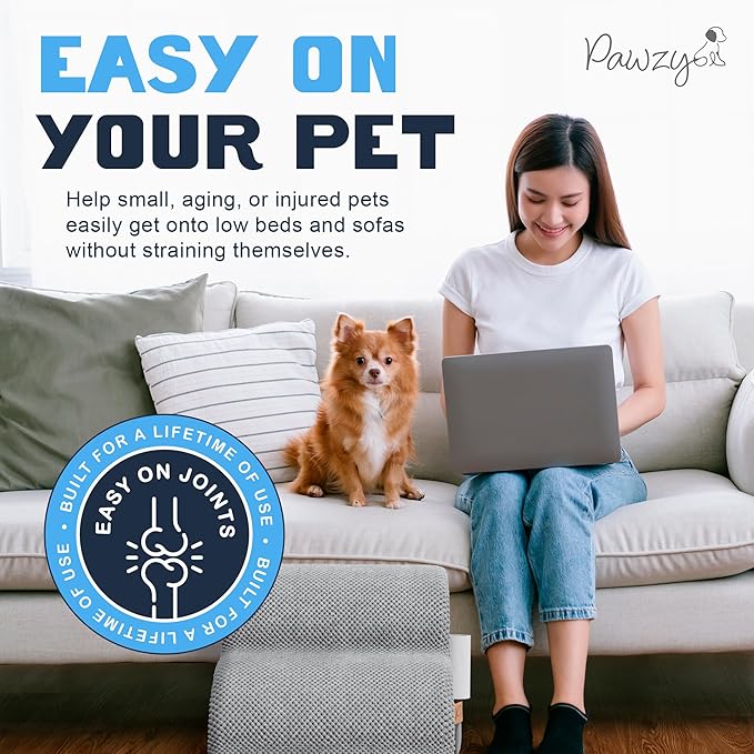 PAWZY Foam Pet Stairs for Small Dogs & Cats – 4-Step Dog Ramp 20” High, Wide Non-Slip Steps for Bed & Couch – Washable Pre-Fitted Cover (no Assembly Required), Waterproof Base – Grey
