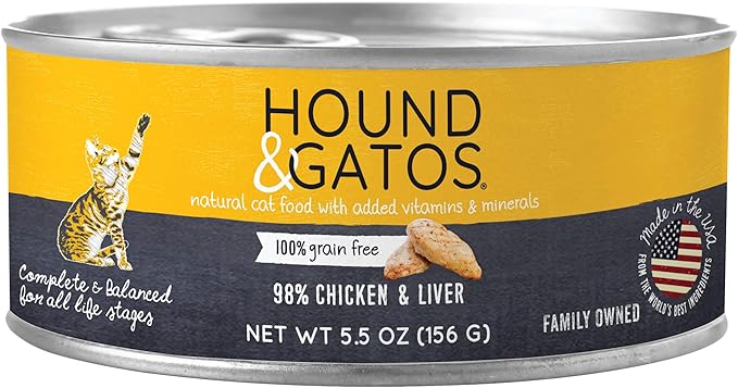 Hound & Gatos Wet Cat Food, 98% Chicken & Liver, Grain Free Pate Cat Food, Real Meat, High Protein, Limited Ingredients, No Additives, 5.5 oz. Cans (Pack of 24)