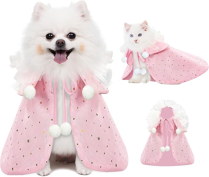 KOUPA Pet Wedding Costume for Cat Small Dogs, Sparkly Cat Clothes Tulle Cloak for Puppy Kitten, Halloween Dog Outfit Suit for Party Holiday Christmas, Pink