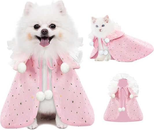 KOUPA Pet Wedding Costume for Cat Small Dogs, Sparkly Cat Clothes Tulle Cloak for Puppy Kitten, Halloween Dog Outfit Suit for Party Holiday Christmas, Pink
